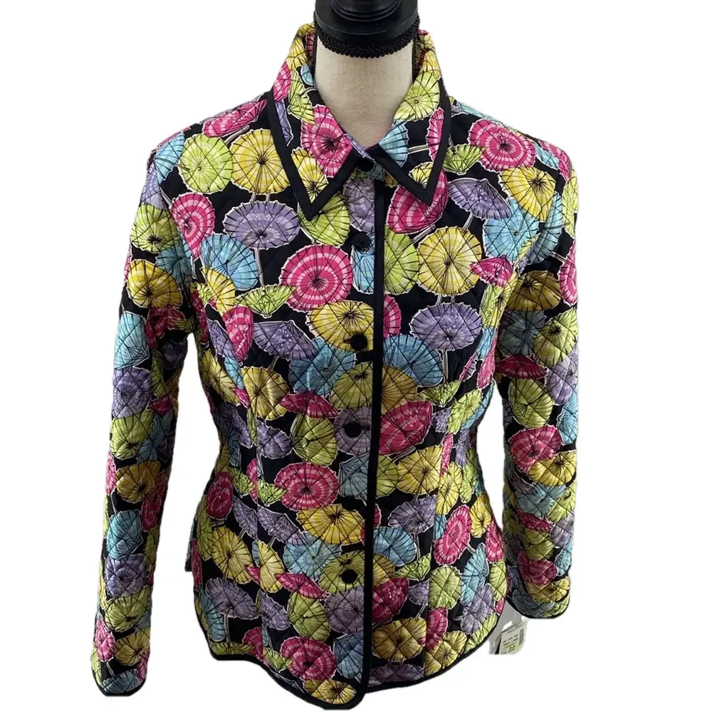 VTG—SILKLAND—Umbrella Print Silk Quilted Beaded Lined Button Up Jacket—Sz Small - Picture 14 of 16